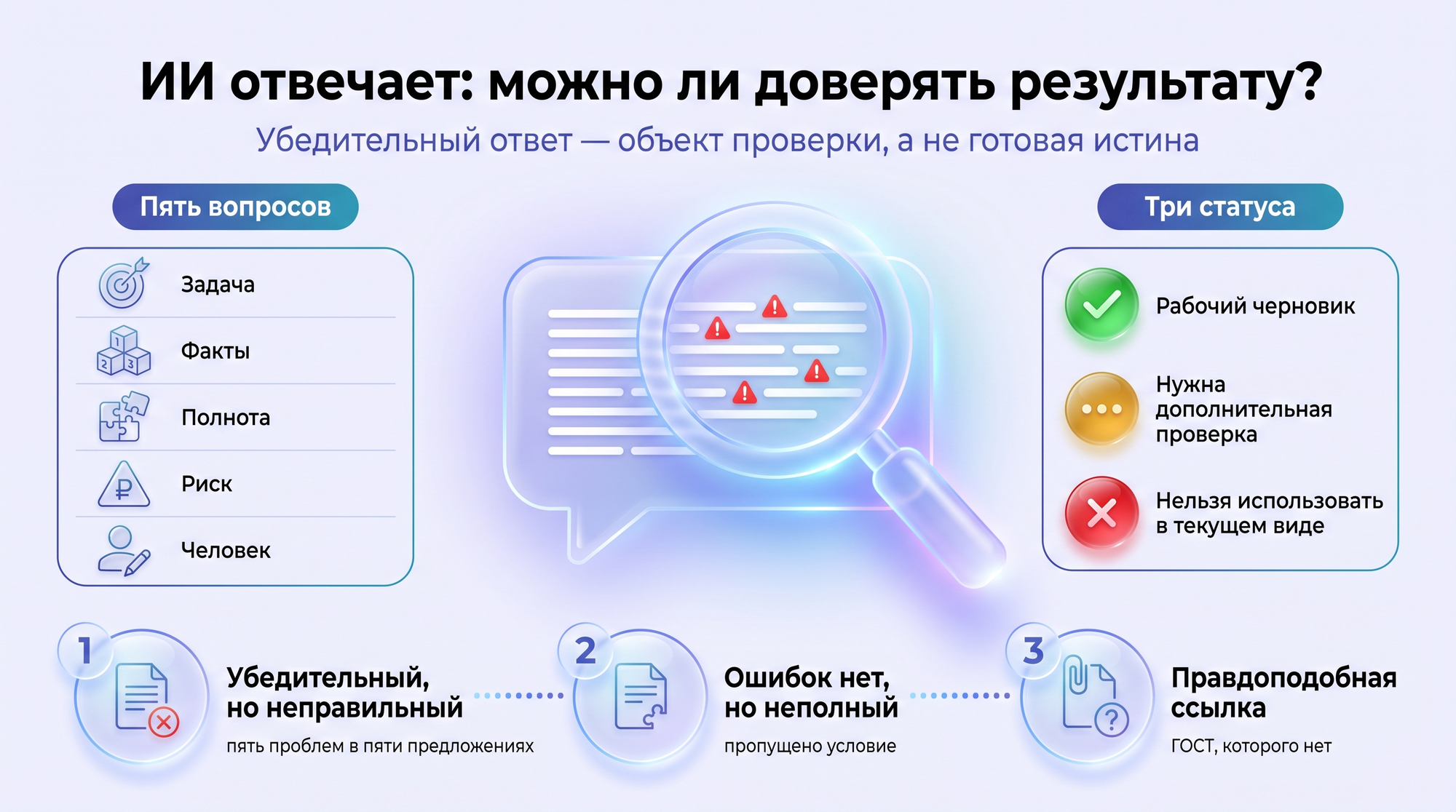 Инфографика: уверенный ответ ИИ под лупой — пять вопросов проверки (задача, факты, полнота, риск, человек) и три статуса результата