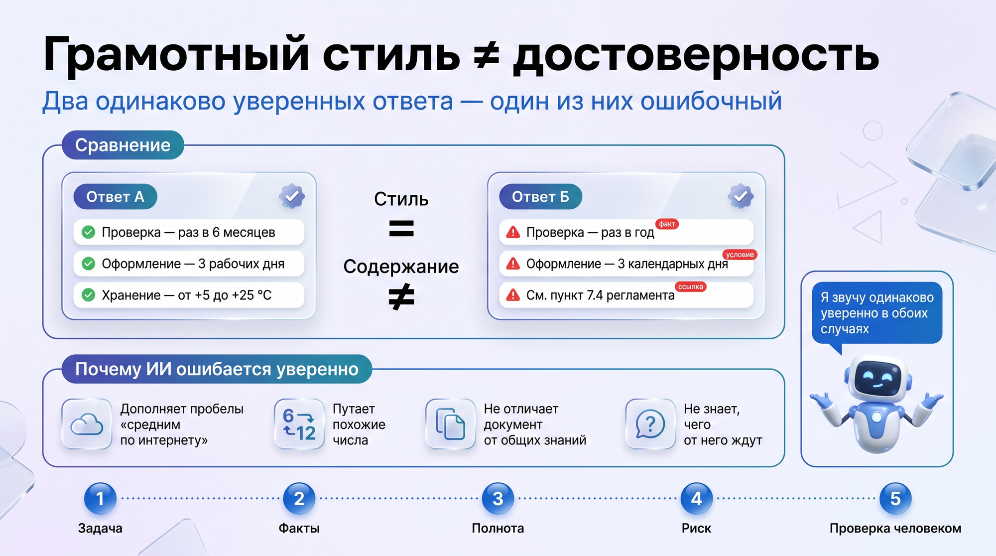 Инфографика: два одинаково гладких ответа ИИ — один достоверный, другой с ошибками; убедительность формы не говорит о содержании