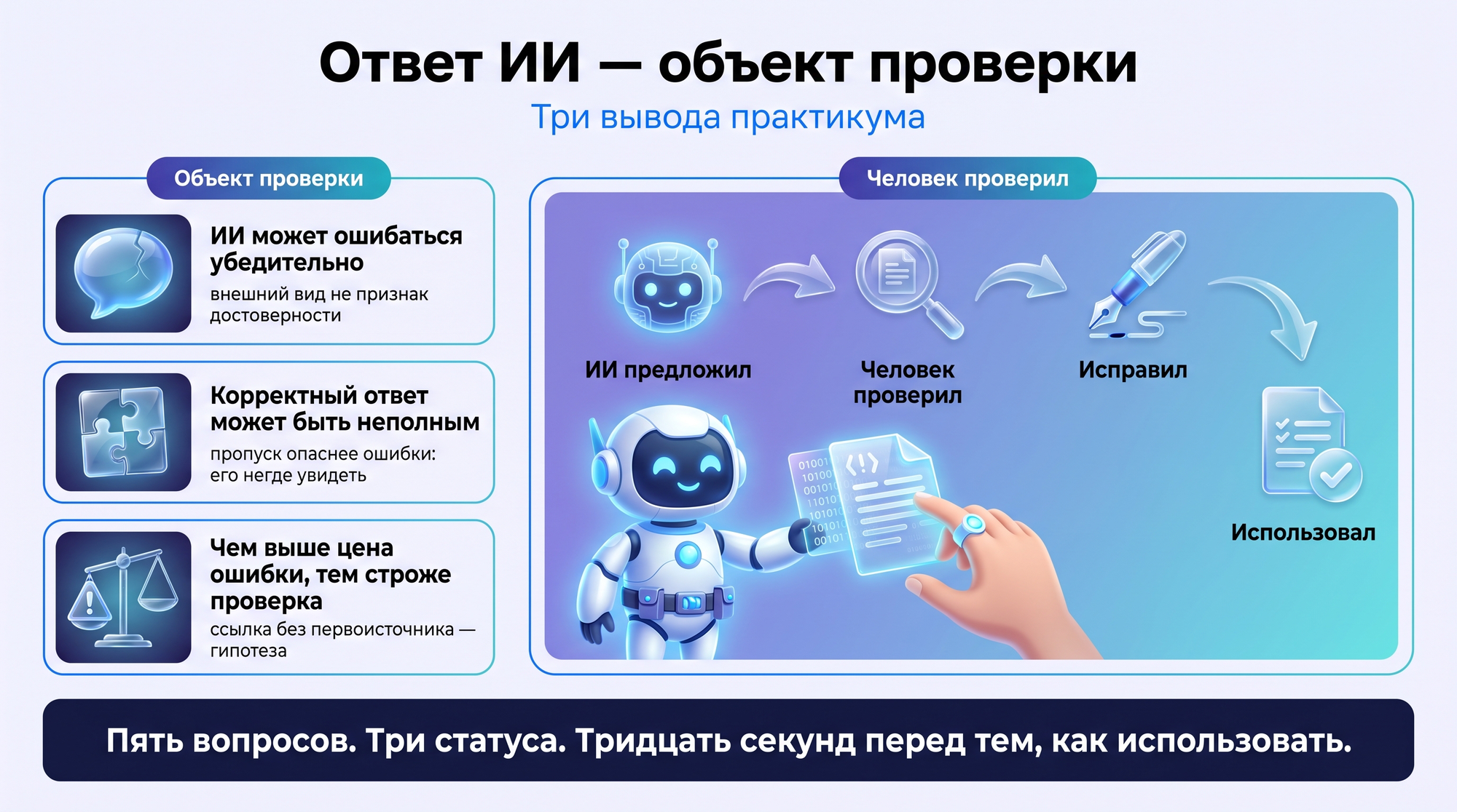 Инфографика: финальная формула — ИИ предложил, человек проверил, исправил, использовал — и три вывода практикума